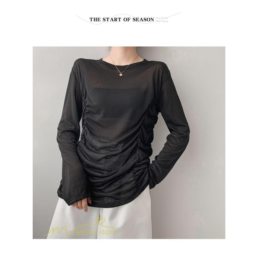 tシャツ・カットソー | Tシャツ Tシャツ レディース 無地 長袖 トップス カジュアルTシャツ おしゃれ クルーネック 秋服 夏秋 インナー 日常感 大きいサイズ 薄手 タック ゆったり 上品