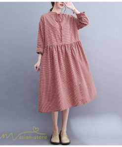 ミディアム | ワンピース ゆるワンピース レディース チェック柄 ゆったり 秋コーデ 着痩せ 体型カバー 可愛い 長袖ワンピース 大きいサイズ ポケット ひざ丈