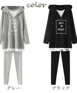 パーカ | レギンス レディース ルームウェアセット 部屋着 レイヤード風 セットアップ カジュアル 重ね着風 2点セット パーカー