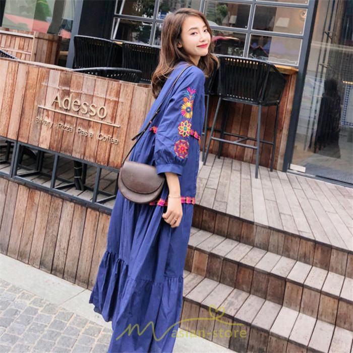 マキシ | ワンピ ワンピース ロング丈 七分袖 レディース 大人 おしゃれ きれいめ お出かけ 大人可愛い 白 青 赤 春夏秋 旅行 20代30代40代 民族風 オレンジ 海