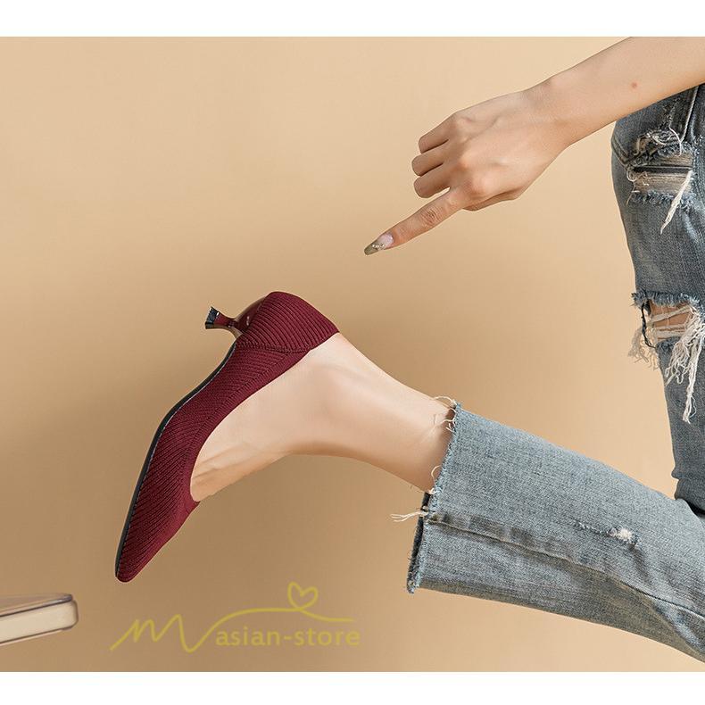 パンプス | ニット26.5cm 大きいサイズレディース 靴 9カラー リブニット 無地 柔らか 歩きやすい スリッポン 履きやすい 痛くない 走れる