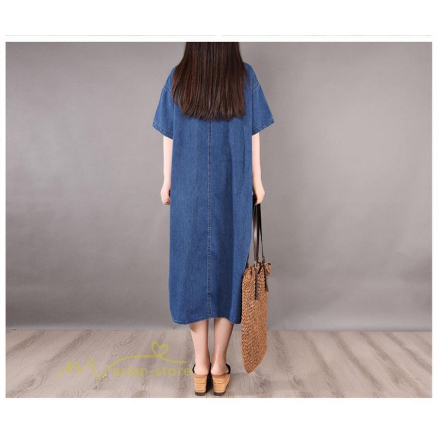 デニムワンピース | ワンピース シャツワンピース ロングデニムシャツワンピース 無地 膝丈 ゆったり 可愛い 半袖 カジュアル 夏コーデ 日常感 体型カバー 大人
