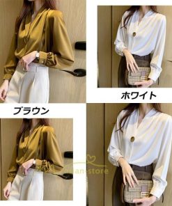シャツ・ブラウス | ブラウス レディース 長袖ブラウス 春秋 オフィスブラウス 白vネック オシャレブラウス シフォントップス 韓国風 大人 上品 40代 ゆったりシャツ 通勤OL 50代