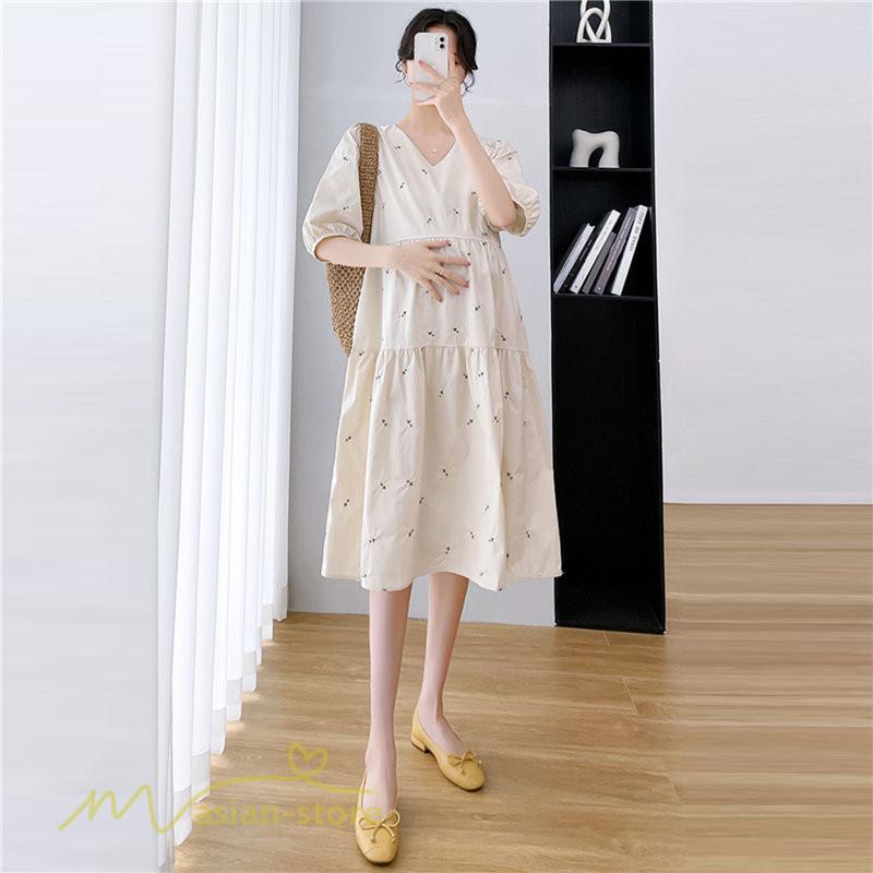 ワンピース | マタニティレディース 着痩せ 半袖 サマーマタニティウェア 上品 Aライン ゆる大きいサイズ お出かけ 韓国風 Vネック 妊婦服