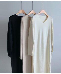 ニットワンピース | ワンピース 秋冬 ロングワンピース ミモレ丈 無地 ゆったり 体型カバー 柔らか 大人 長袖 20代30代 セーター Vネック アウター ニット 50代