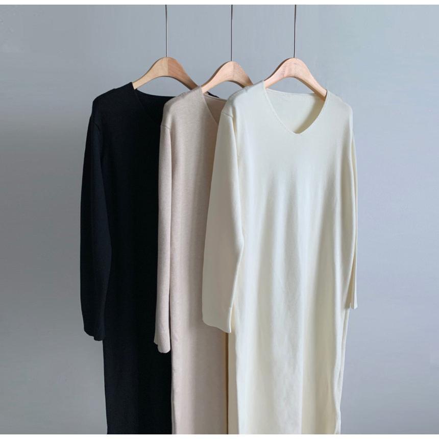 ニットワンピース | ワンピース 秋冬 ロングワンピース ミモレ丈 無地 ゆったり 体型カバー 柔らか 大人 長袖 20代30代 セーター Vネック アウター ニット 50代