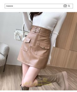 スカート | ミニレディース レザー タイトハイウエスト ポケット インナーパンツ付き ハイウエスト 韓国ファッション フェイクレザー