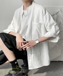 シャツ | メンズ 夏コーデ 2021新作 ライトアウター 5分袖 7分袖 スタンドカラー 麻綿 無地 カッコイイ お出かけ カジュアルトップス 薄手 夏着 アウトドア