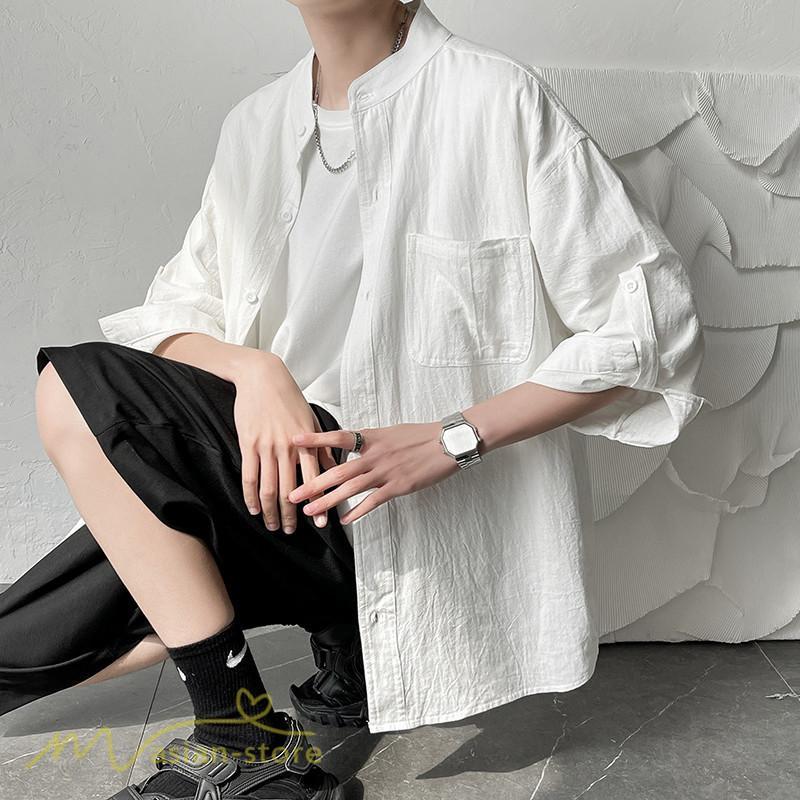 シャツ | メンズ 夏コーデ 2021新作 ライトアウター 5分袖 7分袖 スタンドカラー 麻綿 無地 カッコイイ お出かけ カジュアルトップス 薄手 夏着 アウトドア