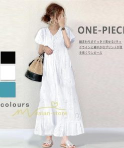 マキシ | 夏ワンピース 半袖 ロングワンピース Aライン 花刺繍 Vネック サマー ゆったり 夏コーデ 体型カバー 20代30代 黒 白 大人 40代 ママ OL シンプル フォーマル