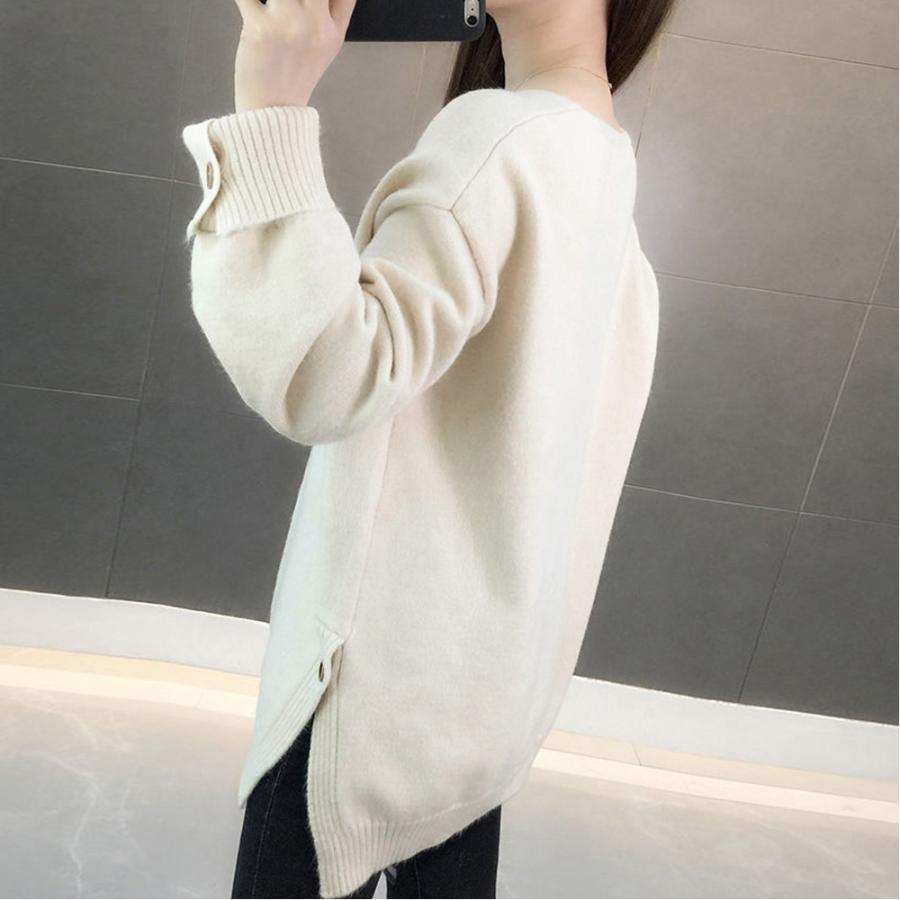 ニット・セーター | Vネック ニット ニットトップス プルオーバー 無地 ニットセーター スリット入り 秋冬 ニットソー レディース