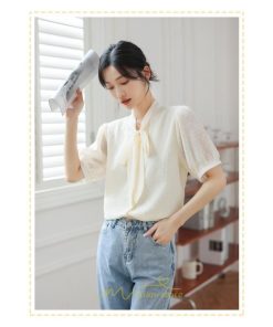 シャツ・ブラウス | ブラウス レディース おしゃれ きれいめ 半袖ブラウス カジュアル 無地 フォーマル オフィス オフホワイト 黒 シフォン OL 蝶結び 通勤 新作 お出かけ ビジネス
