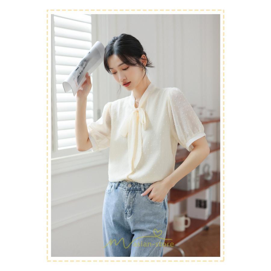 シャツ・ブラウス | ブラウス レディース おしゃれ きれいめ 半袖ブラウス カジュアル 無地 フォーマル オフィス オフホワイト 黒 シフォン OL 蝶結び 通勤 新作 お出かけ ビジネス