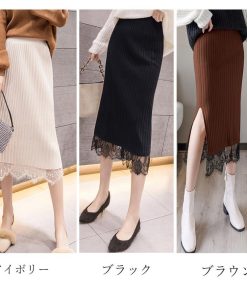 タイトスカート | ストレッチ ミモレ丈 リブ編み リブニットスカート 暖か スリット 裾レース ボトムス ウエストゴム スカート ロングスカート