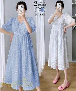 ワンピース | マタニティレディース 着痩せ 韓国風 夏新作 マタニティウェア 上品 カジュアル Vネック 産前産後 上品 サマーワンピース マタニティ ひざ下丈