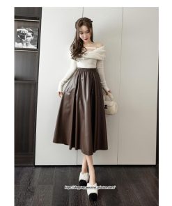 スカート | ロングレザープリーツAライン秋 冬 レディース ロング丈 着痩せ 20代 30代 40代 送料無料 50代 2022年