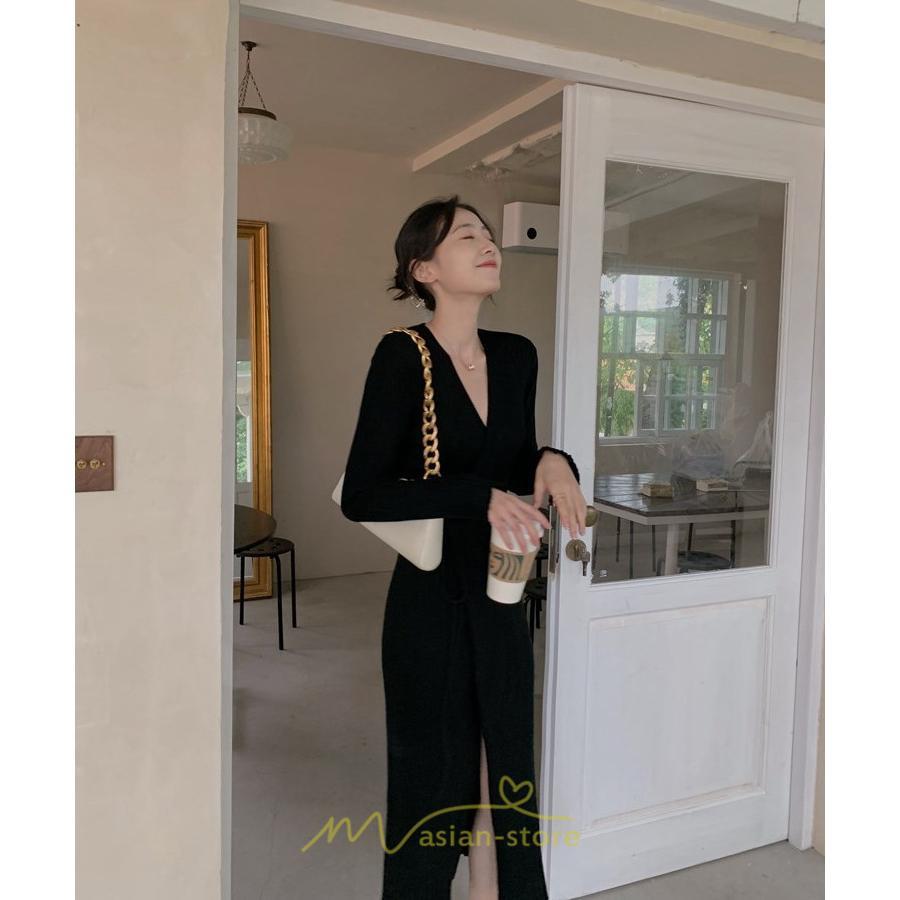 ニットワンピース | ワンピース 春 春服 レディース 長袖 ゆったり 秋 冬 vネック 着痩せ スリット 旅行 女子会 デート 20代30代40代50代 お出かけ