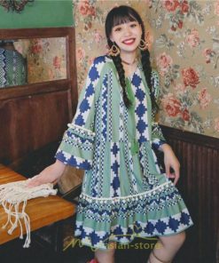 ミニ丈 | ワンピース 夏秋 レディース 長袖 綿麻 ひざ上 ショート かわいい リゾート 休み 旅行 お出かけ 華やか 着痩せ ゆったり 幾何学柄 エスニック風 Vネック 民族風