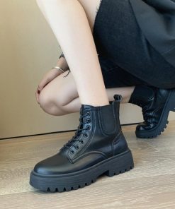 ショートブーツ | 春秋冬 靴 レースアップ 厚底 レディースブーツ ブラックブラウン ワークブーツ