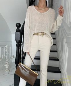 ニット・セーター | ニット サマーニット レディース トップス カットソー ニットソー Vネック 透かし編み 長袖 クルーネック Tシャツ ゆる 薄手 Tシャツ カジュアル リラックス