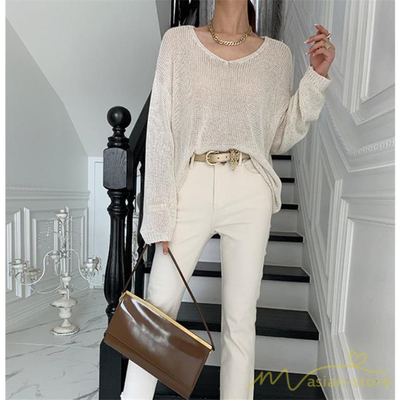 ニット・セーター | ニット サマーニット レディース トップス カットソー ニットソー Vネック 透かし編み 長袖 クルーネック Tシャツ ゆる 薄手 Tシャツ カジュアル リラックス