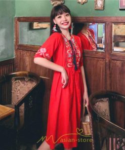 マキシ | ワンピース レディース 刺繍 綿麻 レトロ調 インスタ映え ナチュラル エスニック風 民族風 ボヘミアン 柔らかい SNS映え リゾート 赤 黄色 撮影 白