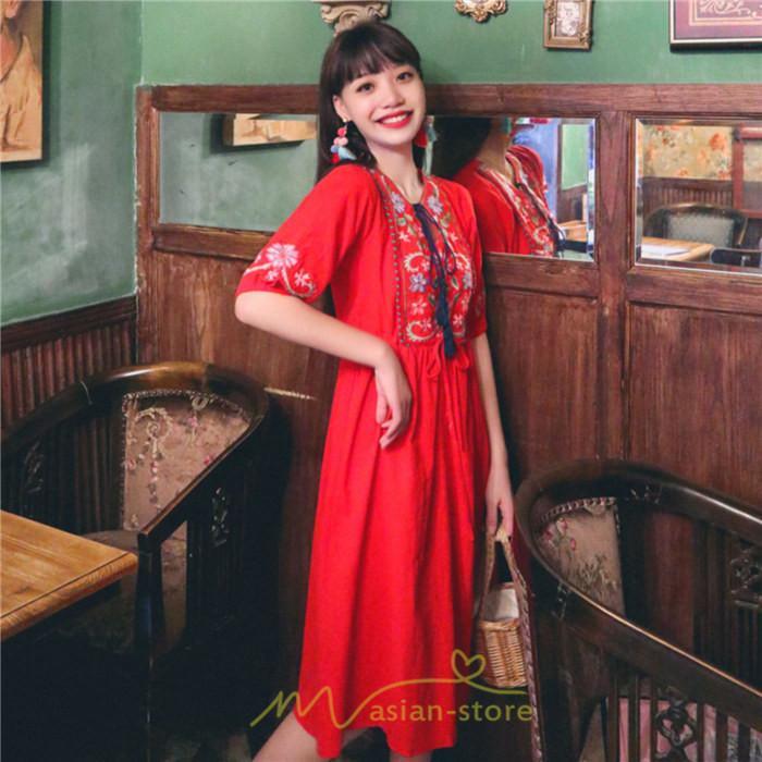 マキシ | ワンピース レディース 刺繍 綿麻 レトロ調 インスタ映え ナチュラル エスニック風 民族風 ボヘミアン 柔らかい SNS映え リゾート 赤 黄色 撮影 白