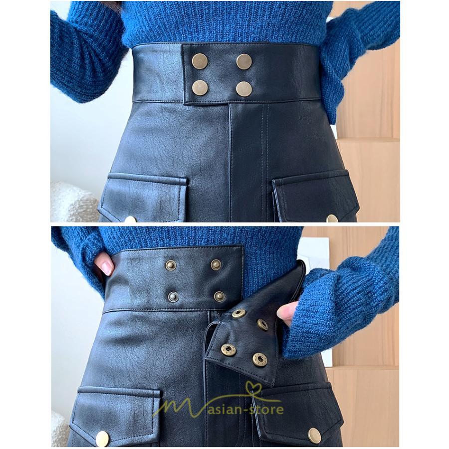 スカート | ミニレディース レザー タイトハイウエスト ポケット インナーパンツ付き ハイウエスト 韓国ファッション フェイクレザー