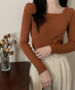 ニット・セーター | スクエアネック リブニットトップス 秋冬