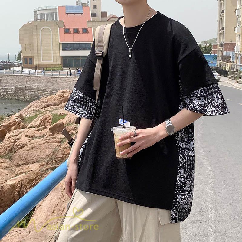 Tシャツ | メンズ 半袖 シンプル 半袖tシャツ クルーネック カジュアル 重ね着風 切り替え カッコウイイ 夏新作 カットソー ゆったり 20代 40代 体型カバー 30代