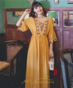 マキシ | ワンピース トップス ロング ロングワンピース 綿麻 夏秋 レディース 大人 おしゃれ シンプル ナチュラル カジュアル 刺繍 花柄 丸首 華やか 上品