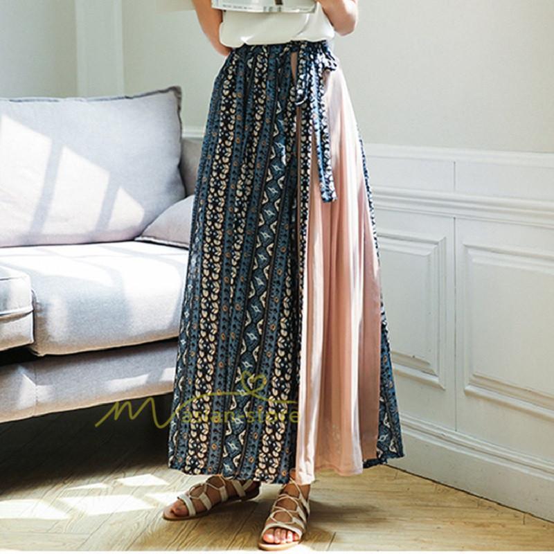 スカート | マキシロング ワイド フレア ゆったり バイカラー 春 夏 秋 冬 レディース 体系カバー Aライン プリーツシフォン 20代30代40代50代