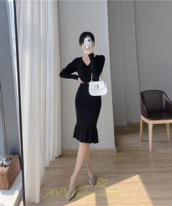 ニットワンピース | ニット ワンピース ロング Vネック ニットワンピ 長袖 ブラック 2022秋冬 ブルー マーメイド フリル セクシー 通勤 おしゃれ キレイめ ミモレ丈 上品
