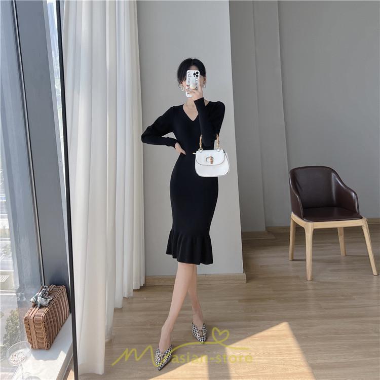 ニットワンピース | ニット ワンピース ロング Vネック ニットワンピ 長袖 ブラック 2022秋冬 ブルー マーメイド フリル セクシー 通勤 おしゃれ キレイめ ミモレ丈 上品