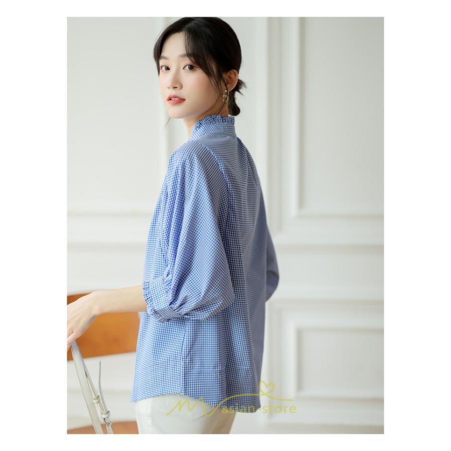 シャツ・ブラウス | ブラウス コットン 七分袖 レディース 青 入学式 入園式 卒業式 卒園式 フォーマル 結婚式 ママ 着痩せ 華奢見え OL お仕事 20代30代40代 通勤 新作 ビジネス