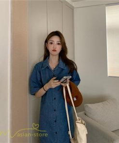 ミディアム | ワンピース デニムワンピース 半袖 ひざ丈 シャツワンピース 夏新作 体型カバー デニム フリーサイズ レトロ風 カジュアル 膝丈 かわいい 無地 ワンピ きれいめ
