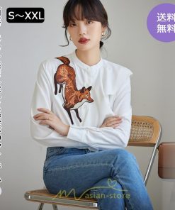 シャツ・ブラウス | ブラウス レディース オフィス 白 長袖 ビジネス カジュアル シャツ 刺繍 アニマル柄 動物柄 狐 個性的 冬 2022新作 秋 可愛い 上品 フェミニン