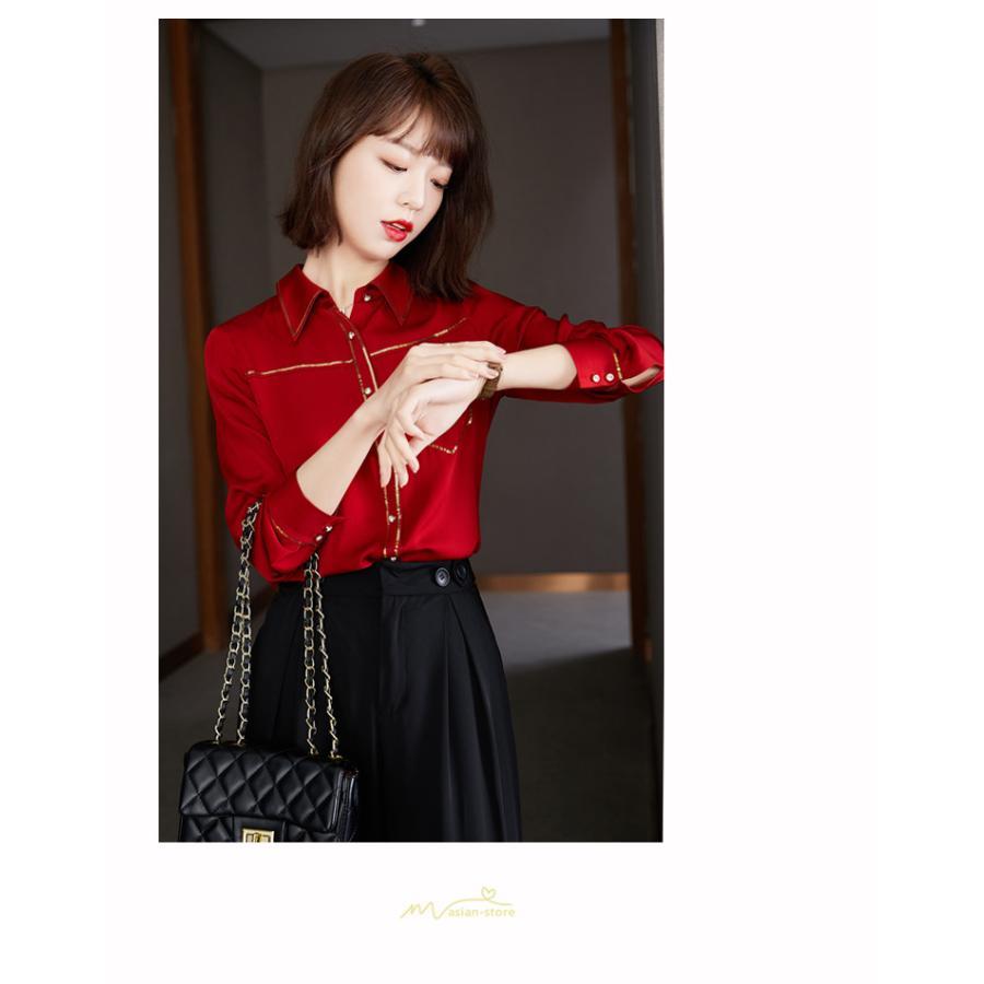 シャツ・ブラウス | ブラウス レディース シャツ トップス 赤 長袖シャツ 無地 オフィス カジュアル おしゃれ シフォン 通勤 通学 ナチュラル 可愛い 上品 オシャレ 秋服 キレイめ