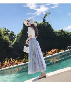 スカート | フレア チュールレディース ロングウエストゴム 春夏 リボン マキシ ドッキング 20代30代40代 着痩せ カジュアル お出かけ