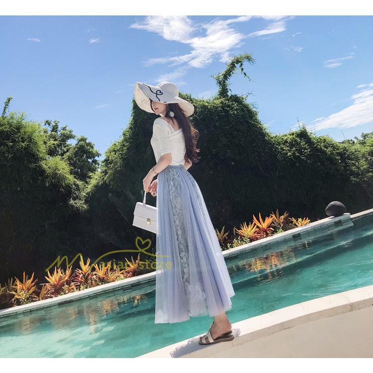 スカート | フレア チュールレディース ロングウエストゴム 春夏 リボン マキシ ドッキング 20代30代40代 着痩せ カジュアル お出かけ