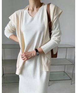 ニットワンピース | ワンピース 秋冬 ロングワンピース ミモレ丈 無地 ゆったり 体型カバー 柔らか 大人 長袖 20代30代 セーター Vネック アウター ニット 50代