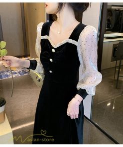 ミディアム | Aラインワンピース 秋コーデ レディース 長袖 切り替え ビロード 膝丈ワンピース 美ライン シルエット 無地 黒ワンピース オフィス フォーマル 大人 お呼ばれ