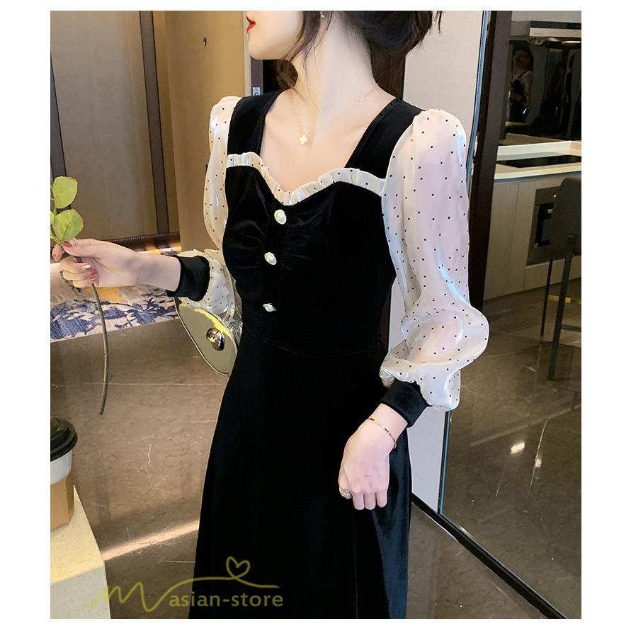 ミディアム | Aラインワンピース 秋コーデ レディース 長袖 切り替え ビロード 膝丈ワンピース 美ライン シルエット 無地 黒ワンピース オフィス フォーマル 大人 お呼ばれ