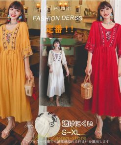 マキシ | ワンピース トップス ロング ロングワンピース 綿麻 夏秋 レディース 大人 おしゃれ シンプル ナチュラル カジュアル 刺繍 花柄 丸首 華やか 上品