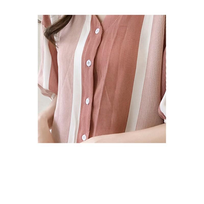 シャツ・ブラウス | ブラウス レディース 五分袖 薄手 ストライプシャツ トップス 羽織り 前開き 可愛い Vネック 40代 ブラウスシャツ 夏服 大人 20代30代