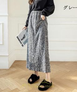 スカート | ロング マキシ フレアAライン ロングキラキラ 個性的 ハイウエスト スリット 着痩せ あったか 2022新作 体型カバー 冬 秋
