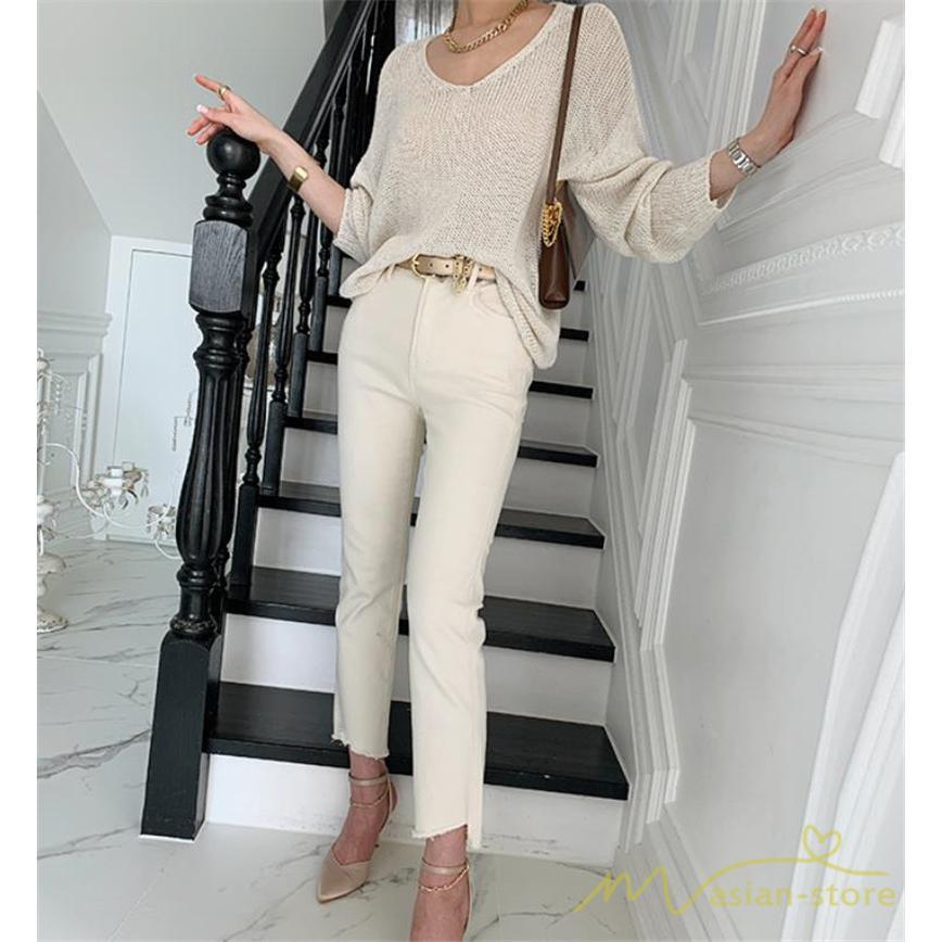 ニット・セーター | ニット サマーニット レディース トップス カットソー ニットソー Vネック 透かし編み 長袖 クルーネック Tシャツ ゆる 薄手 Tシャツ カジュアル リラックス