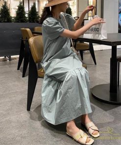 マキシ | ワンピース 半袖 レディース 夏服 ロングワンピース フレアワンピース ギャザー 無地 可愛い 大人 ワンピ 海 50代60代 お出かけ サマー 20代30代40代