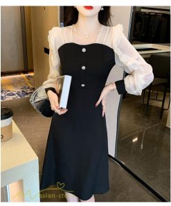 ミディアム | Aラインワンピース 切り替えワンピース 秋コーデ レディース 長袖 膝丈ワンピース 美ライン シルエット 無地 フォーマル 黒ワンピース お呼ばれ オフィス