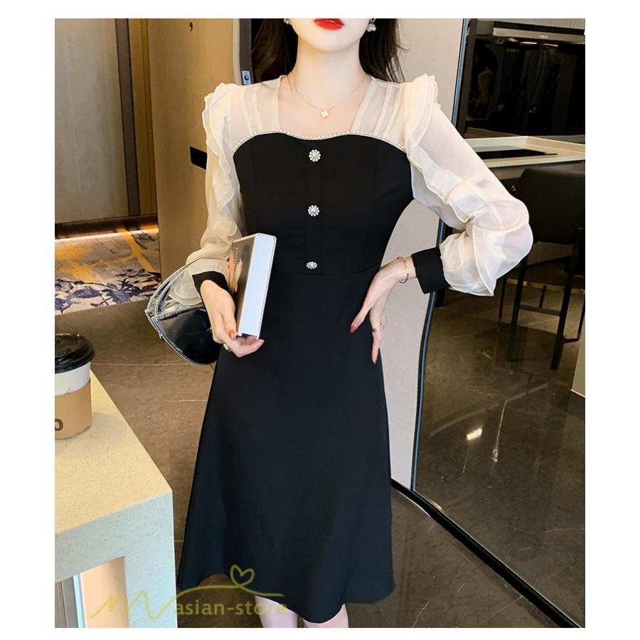 ミディアム | Aラインワンピース 切り替えワンピース 秋コーデ レディース 長袖 膝丈ワンピース 美ライン シルエット 無地 フォーマル 黒ワンピース お呼ばれ オフィス